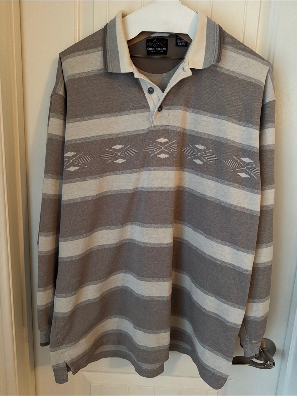 Greg Norman Collection Long Sleeve Striped Polo in Gray and Cream